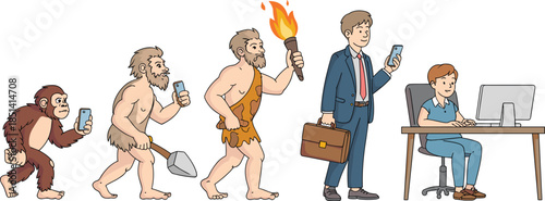Human evolution from ape to modern tech user with smartphone, caveman, businessman, computer desk, digital lifestyle, humorous concept art