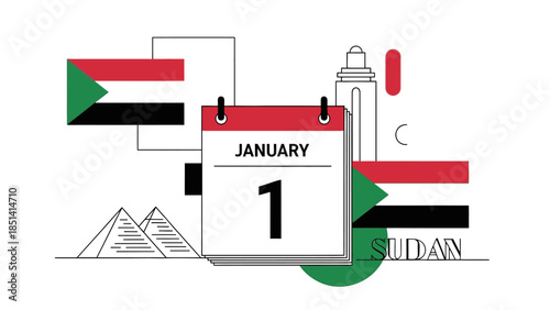 Illustration of a calendar page for January 1st with Sudanese flag and cultural icons on a white background.