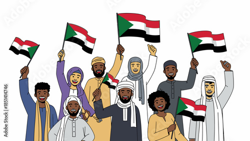 Diverse group of people from Sudan holding Sudanese flags in celebration on a white background with a patriotic mood.
