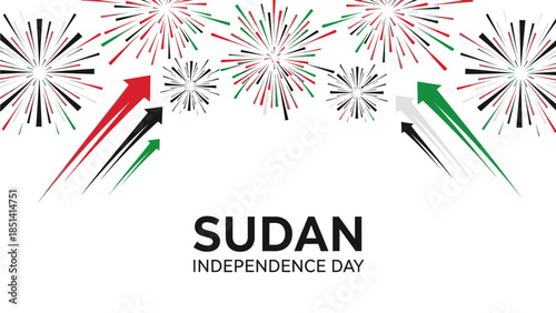 Graphic design celebrating Sudan Independence Day with fireworks and arrows in red, white, green, and black colors on a white background.