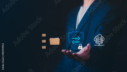 Secure and automated backup system, cloud storage and backup concept, cloud file storage and backup solution with encrypted privacy protection, and cybersecurity.