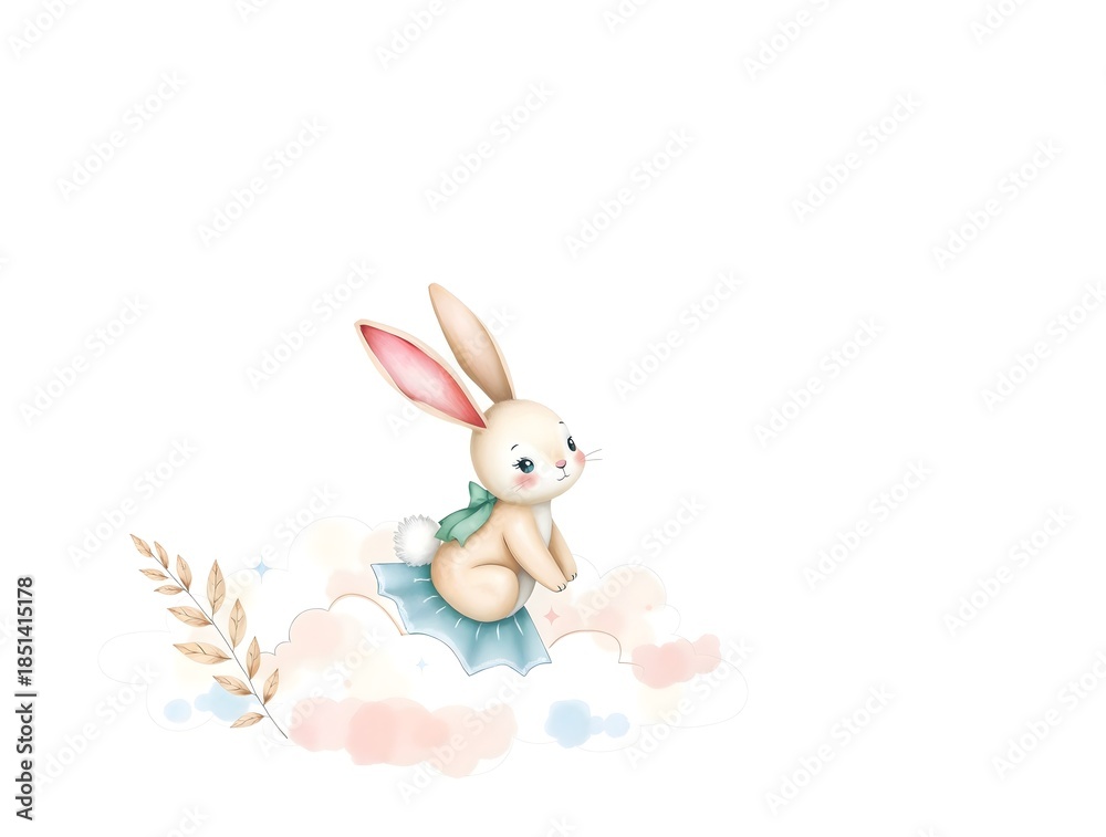 Obraz premium simple illustration of cozy stylized Birth announcement card baptism baby shower invitation bunny on cloud watercolor custom painting