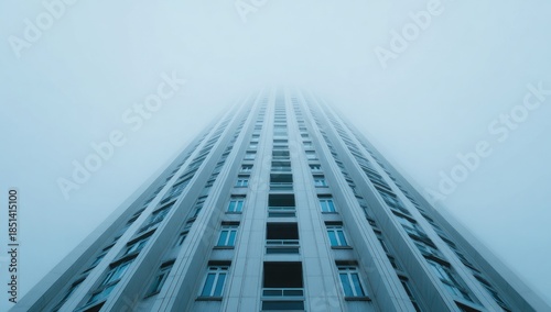 Extreme low-angle shot of a tall, modern building receding into thick fog