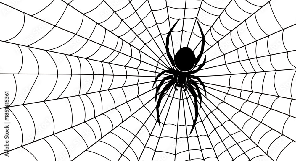 Obraz premium A creepy black spider with eight legs is prominently featured on an intricate, circular white spiderweb, presented as a minimalist vector illustration.