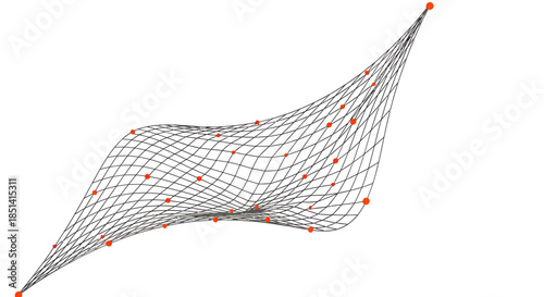 A digitally rendered, abstract vector net with red dots creates a modern and visually intriguing design element on a clean white backdrop, ideal for tech concepts.