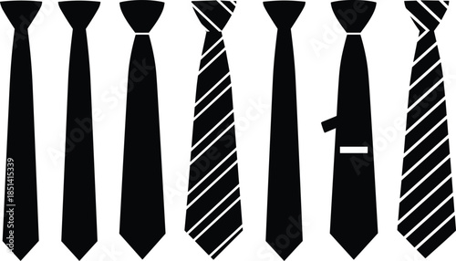 Set of black necktie icons, business suit accessory, men fashion clothing, striped tie symbol, formal wear element, office uniform flat vector illustration