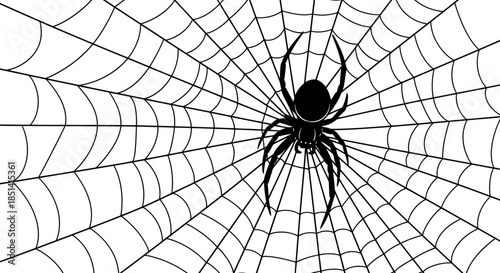 A creepy black spider with eight legs is prominently featured on an intricate, circular white spiderweb, presented as a minimalist vector illustration.