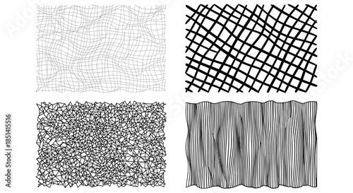 A collection of four abstract net and grid vector illustrations, showcasing diverse textures and patterns in a monochromatic, minimalist design, perfect for backgrounds and design elements.