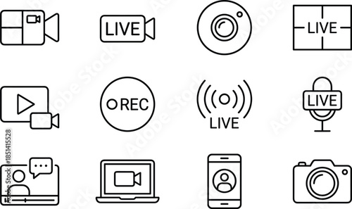 Live streaming and video recording outline icon set featuring camera, broadcast, microphone, online video, and social media symbols