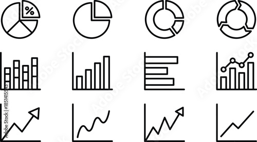 Minimal analytics charts and business statistics outline icon set for data analysis reporting dashboard user interface web app vector