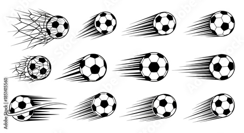 Dynamic vector set showcasing soccer balls in motion, each leaving a trail of speed lines, perfect for sports-themed designs and energetic visual communication.