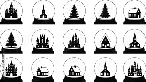 Set of black snow globe silhouettes, Christmas crystal ball icons, winter glass sphere collection, holiday souvenir symbols, magic toy elements, flat vector illustration