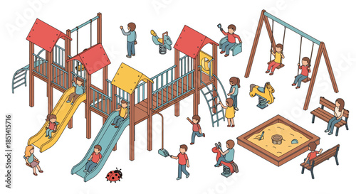An illustrated vector graphic depicts a colorful children's playground with slides, swings, sandbox, and various play elements, perfect for educational and recreational designs.