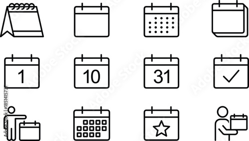 Minimal calendar date and scheduling outline icon set for event planning reminder time management user interface web app vector