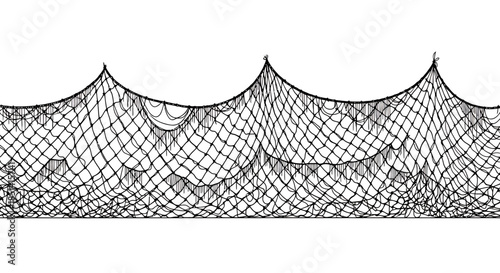 A detailed vector illustration of a fishing net, rendered in black and white, against a clean white backdrop, showcasing texture and design for various applications.
