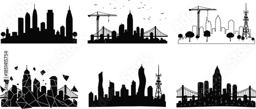 Modern city skyline silhouette vector collection with towers, bridges, cranes, communication antennas and urban construction elements for architecture, real 