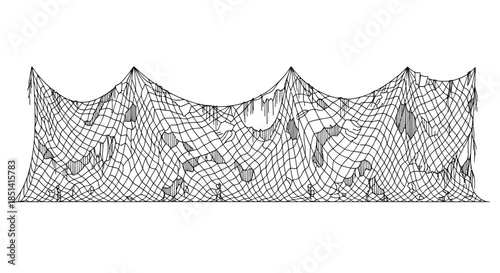A detailed vector illustration of a tattered fishing net, showcasing its worn texture and design, perfect for various creative projects and backgrounds.