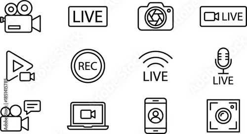 Live streaming and video recording icons set, camera broadcast symbols, online media production, streaming technology, video content creation tools