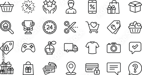 Minimal ecommerce shopping and online store outline icon set for retail marketing checkout delivery user interface web app vector