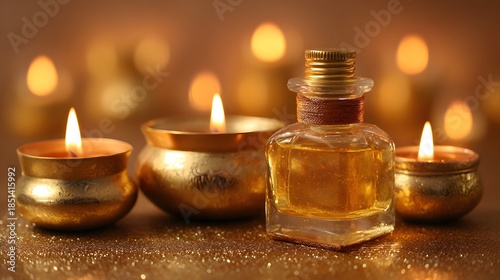 Golden Ambiance - Perfume Bottle and Candles in Warm Light.