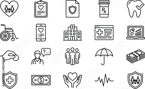 Minimal healthcare insurance and medical service outline icon set for patient care protection finance user interface web app vector