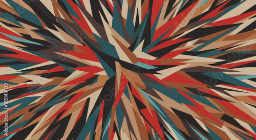 A dynamic abstract background featuring an explosive array of sharp, radiating triangular shapes in earthy tones of red, brown, and teal, perfect for modern design.