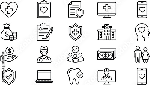 Minimal healthcare medical and insurance outline icon set for hospital patient care finance user interface web app vector