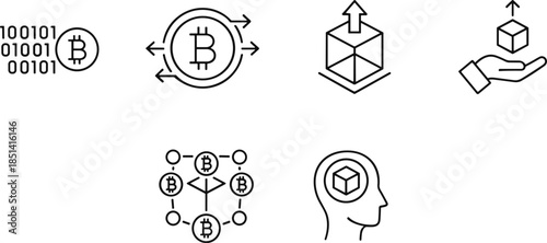 Six minimalist black line icons representing blockchain processes including binary coding Bitcoin transactions decentralized mining and creative crypto thinking on white background.