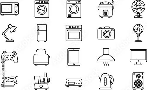 Minimal home appliance and electronics outline icon set for smart living kitchen technology user interface web app vector