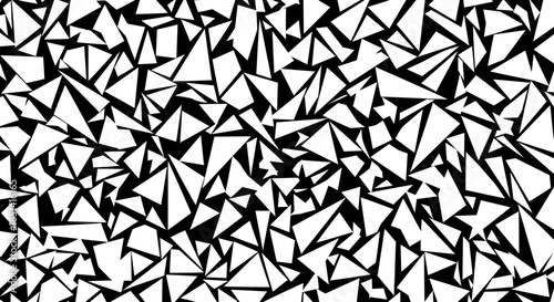 A dynamic seamless pattern composed of numerous fragmented white triangles on a stark black background, creating an abstract geometric texture.