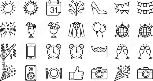 Minimal new year party and celebration outline icon set for festive holiday event countdown user interface web app vector design