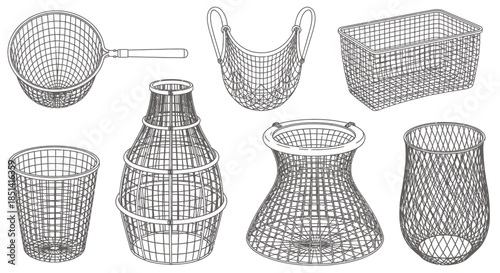 A collection of diverse wireframe baskets and containers crafted in a clean vector style, perfect for illustrating storage, organization, or industrial design concepts.