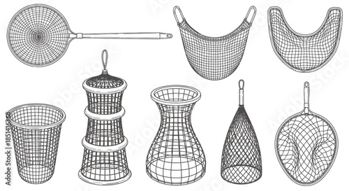 A detailed vector illustration showcases various types of nets, including fishing nets, scoops, and traps, all rendered in a clean, black and white line art style on a plain background.