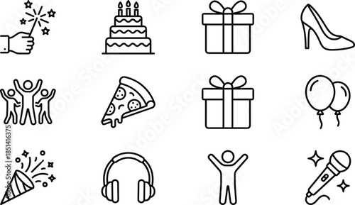 Minimal party celebration and birthday outline icon set for event fun gift music user interface web app vector