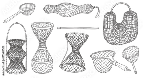 A detailed vector illustration showcasing a collection of hand-drawn fishing nets and various catching tools, perfect for aquatic-themed designs.