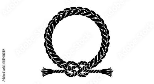 An elegant black and white vector illustration features a circular braided rope frame with a decorative knot and tassels at its base, perfect for design elements.