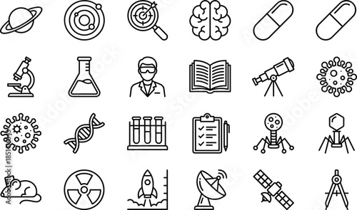 Minimal science research and laboratory outline icon set for medical biology technology education user interface web app vector