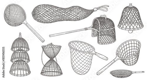A detailed vector illustration showcases a diverse collection of hand-drawn fishing nets and catching tools, perfect for various design projects.
