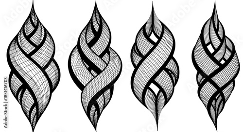 A collection of four abstract vector designs showcasing intricate, flowing, and intertwined ribbon-like shapes with a modern, elegant, and decorative aesthetic on a white background.