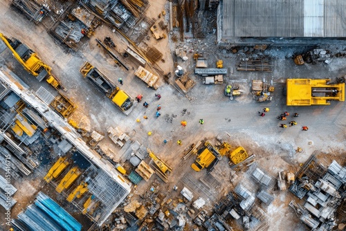Aerial view of a busy construction site with machinery and workers