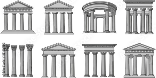 Set of ancient Greek and Roman architectural columns and temple facades hand drawn vector illustration isolated on white background for classic design.