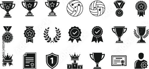 Set of award and trophy vector icons including volleyball medals cups laurel wreath and certificates for sport competition design on white background.