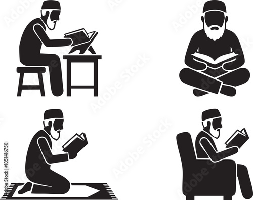 Muslim Man Reading Quran and Studying Islamic Holy Book Silhouette Set featuring various sitting poses for Ramadan, Spiritual Learning, and Religious Education Graphic Designs.