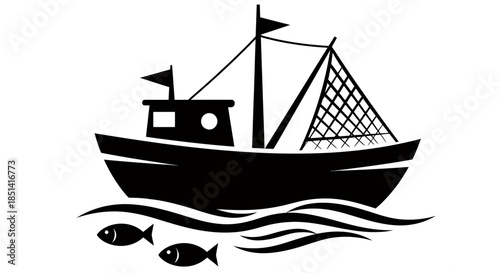 A simple graphic vector icon of a fishing trawler with its net deployed, gracefully floating on ocean waves with fish swimming below.
