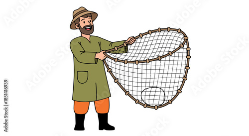A cartoon fisherman holds a large fishing net, showcasing a traditional method of fishing in a vector illustration against a clean white background.