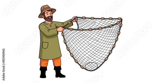 A bearded fisherman wearing a hat and tunic proudly displays his fishing net, rendered in a clean flat vector illustration style on a white background.