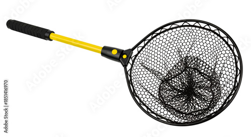 This vibrant yellow and black scoop net, designed for catching fish or debris, is presented as a clean vector graphic on a pure white background.