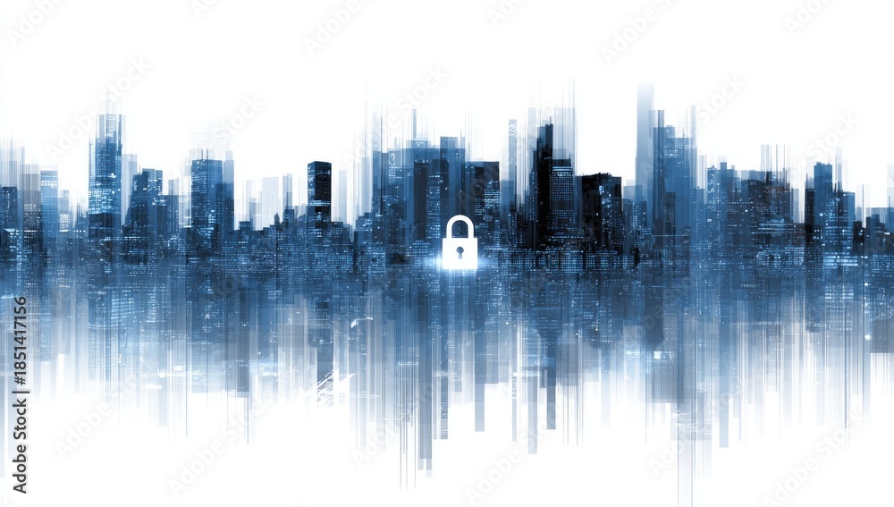 Obraz premium Abstract cityscape with glowing padlock symbol, digital data effect