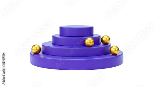 Purple Tiered Platform with Golden Spheres on White Background