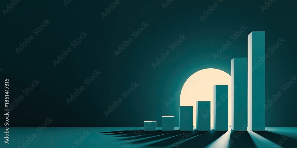 Fototapeta premium Minimalist bar chart graphic with a glowing orb and dramatic shadows